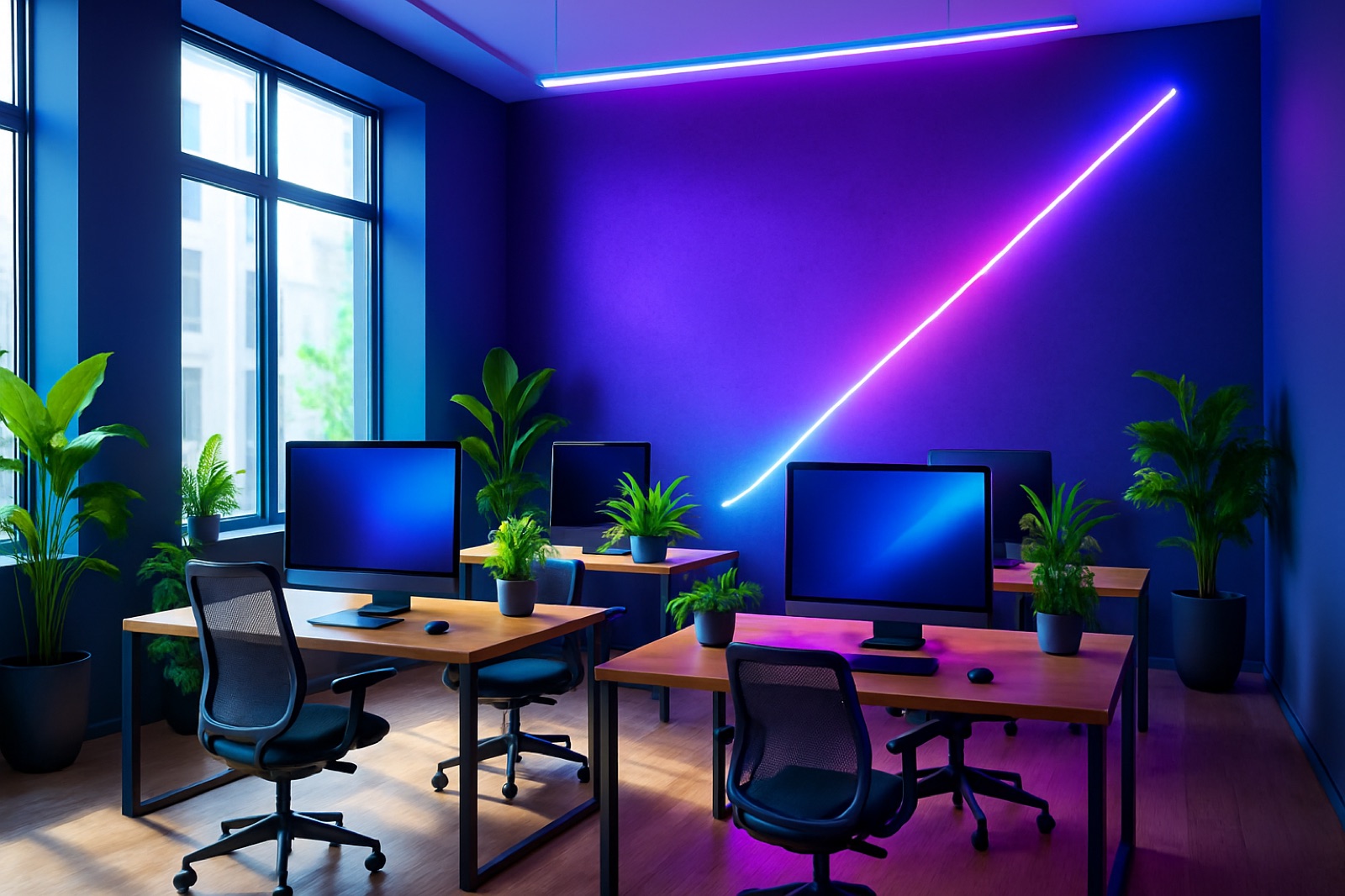 Bright modern office with wooden desks, monitors, plants and a violet accent light