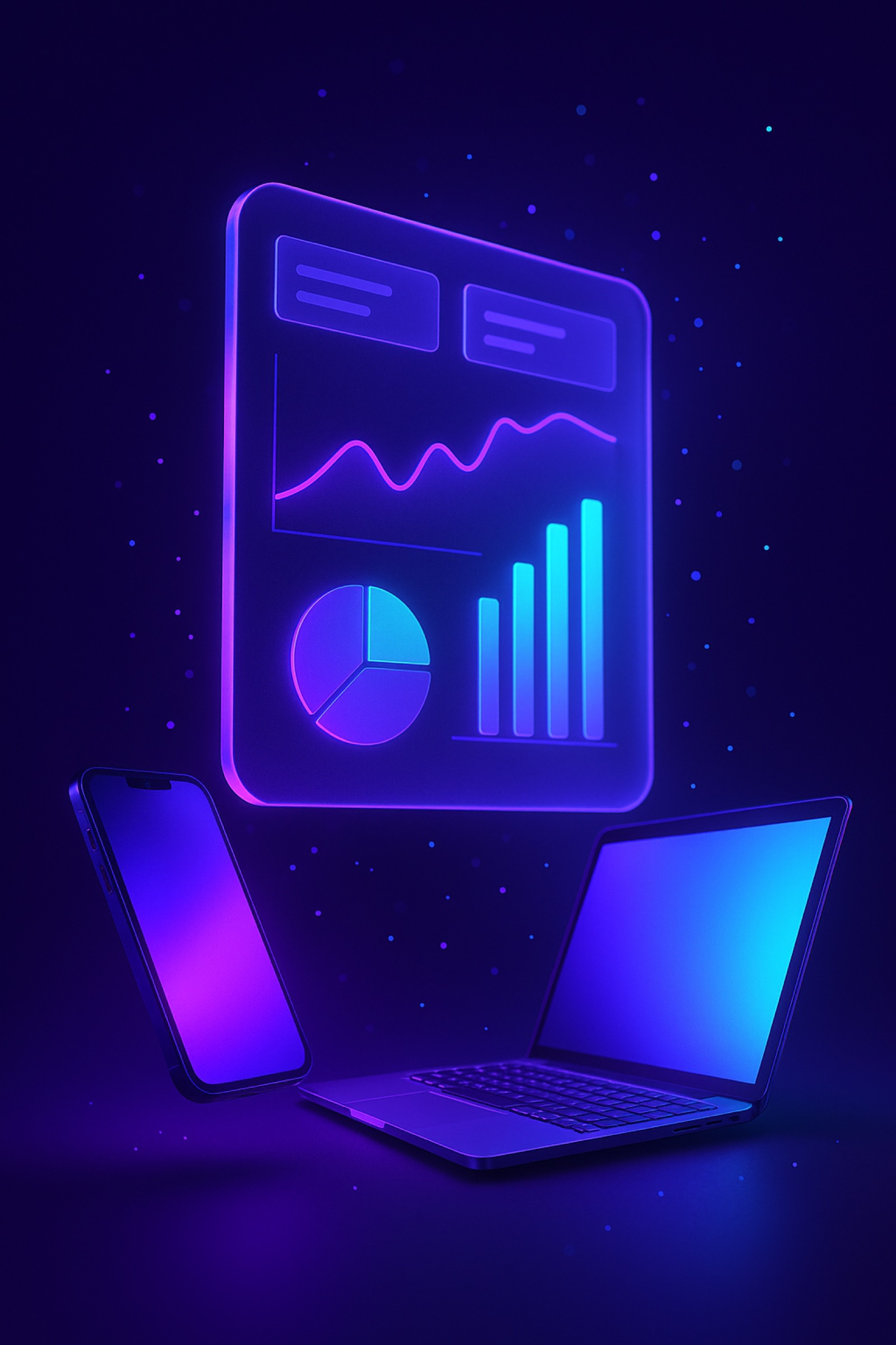 Cam bir dashboard paneli, telefon ve laptop: SSD Creative'in yazılım ve pazarlama hizmetlerini temsil eden 3B illüstrasyon
